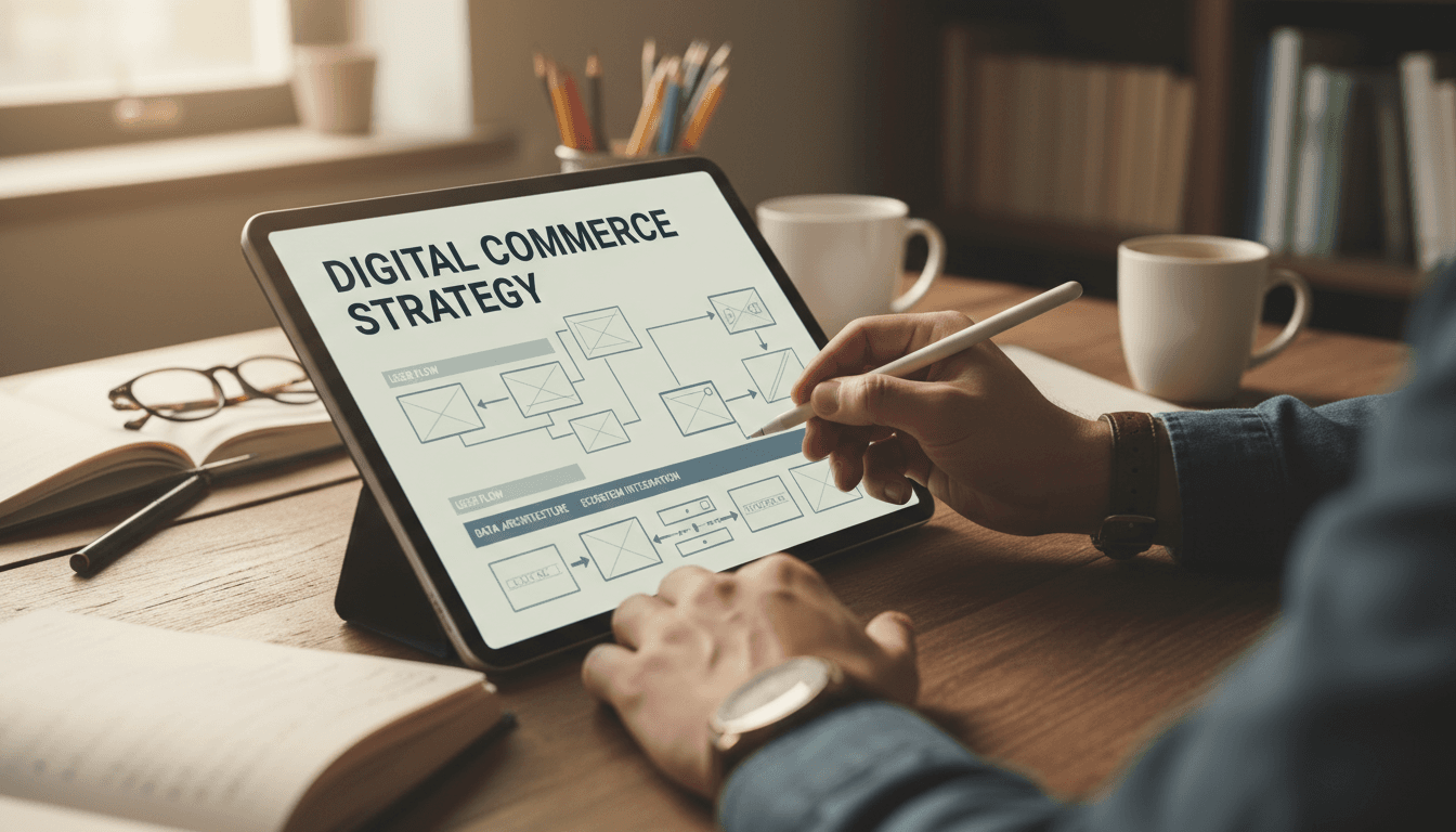 Designer sketching commerce strategy on tablet with stylus