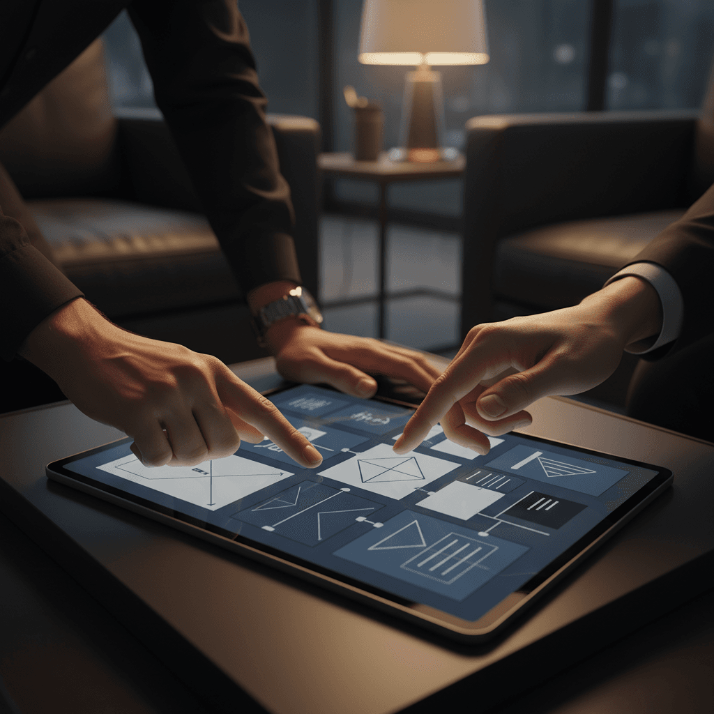 Collaborative consultation session reviewing digital interface designs and frameworks