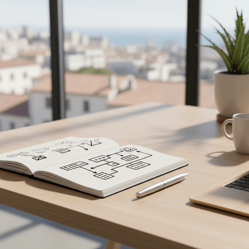 Strategic planning workspace with architecture sketches and business framework notes