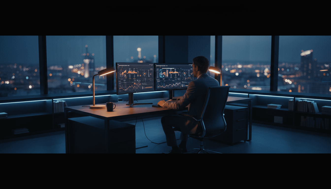 Digital consultant working at a modern workspace with commerce dashboards displayed