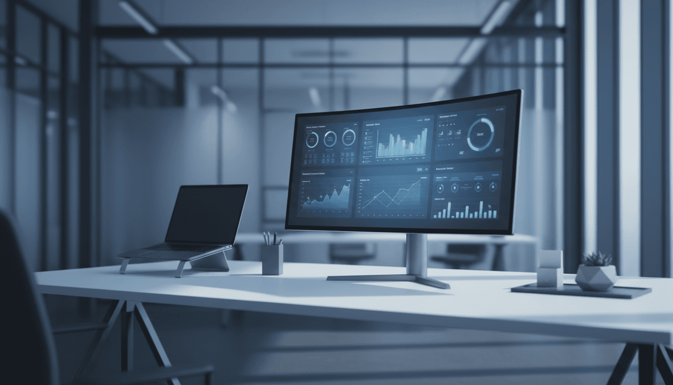 Modern tech workspace with digital commerce analytics displayed on monitor