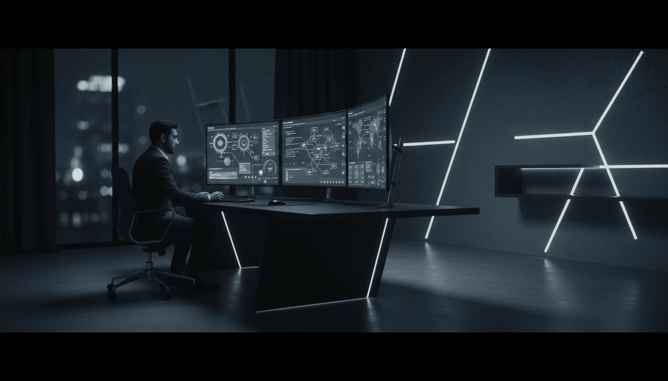 Technology consultant reviewing digital commerce analytics on multiple monitors in a modern Cairo office