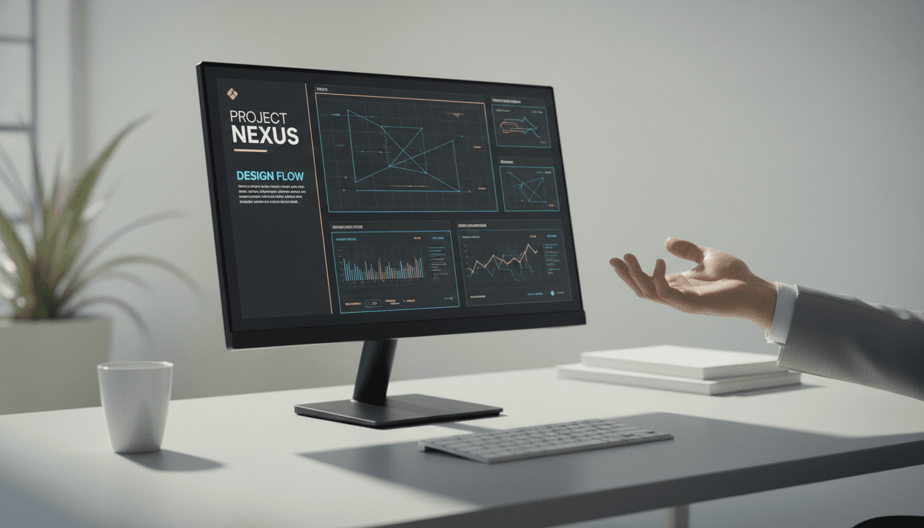 Professional workspace with monitor displaying digital interface